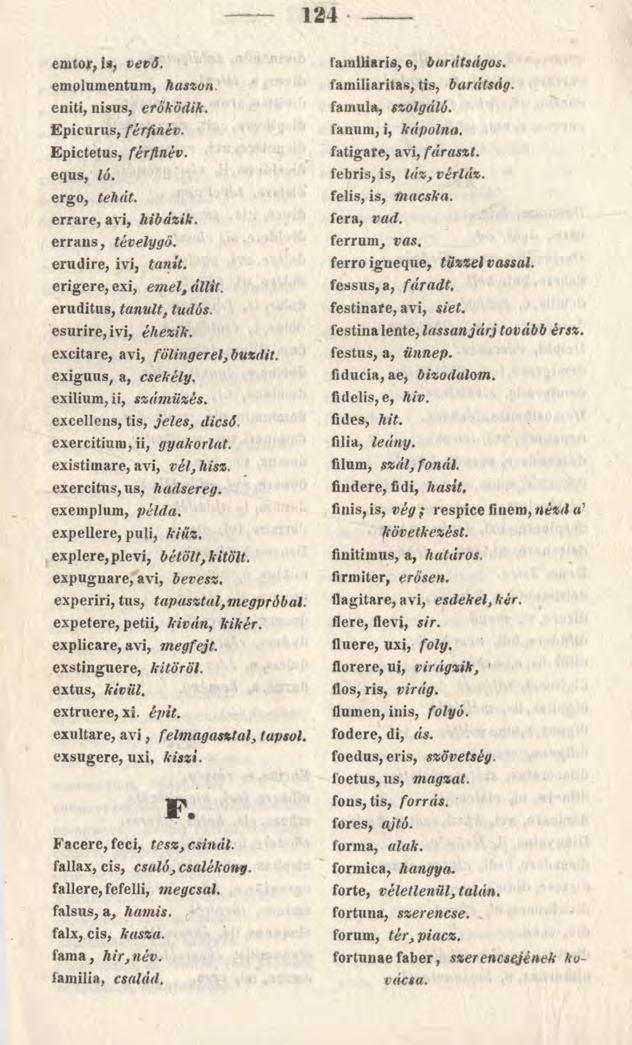 124 emtor; íi; vető. emolumentum, haszon eniti, nisus, eröködik. Epicurus, férfinév. Epictetus, férfinév. equs, ló. ergo, tehát. errare, avi, hibázik. errans, tévelygő. erudire, ivi, tanít.