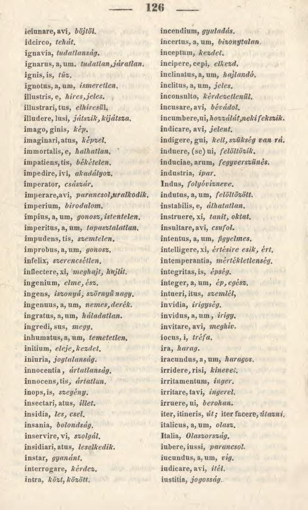 126 ieiunare, avi, böjtöl. idcirco, tehát. ignavia, tudatlanság. ignarus, a, um. tudatlanjáratlan. ignis, is, tűz. ignotus, a, um, ismeretlen. illustris, e, hir esjeles. illustrari, tus, elhiresii\.