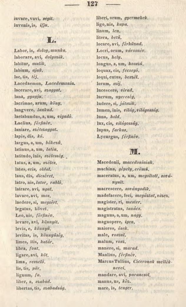 127 iuvare,vavi, segít. iuvenis,is, ifjú. Xi* Labor, is, dolog, mánk a. laborare, avi, dolgozik. labitur, múlik. labium, ajak. lac, tis, tej. Lacedaemon, Lacedemonia.