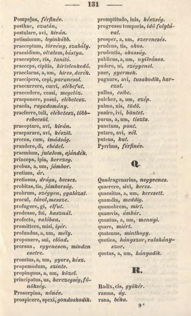 131 Pompejus, férfinév. posthac, ezután, postulare, avi, kivan. potissimum, leginkább. praeceptum, törvény, szabály. praesidium, oltalom, bástya. praeceptor, ris, tanító.