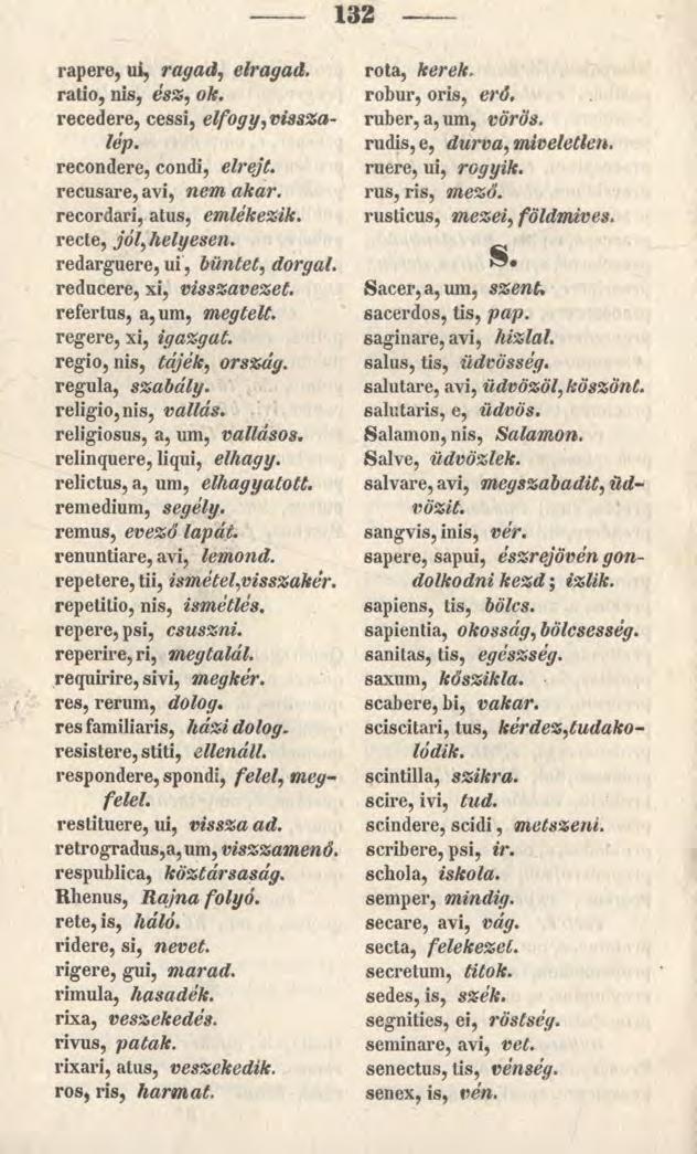 rapere, ui, ragadj elragad. ratio, nis, ész, o&. recedere, cessi, elfogy, visszalép. recondere, condi, elrejt. recusare, avi, nem a recordari, atus, emlékezik. recte, jól,helyesen.