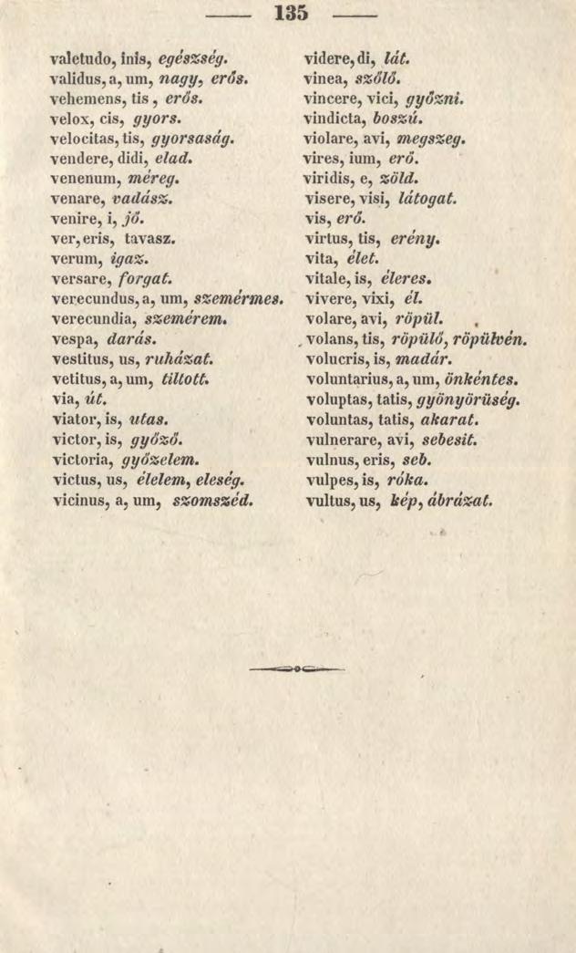 135 valetudo, inis, egészség. validus, a, um, nagy, erős. vehemens, tis, erős. velox, cis, gyors. velocitas, tis, gyorsaság. vendere, didi, elad. venenum, méreg. venare, vadász. venire, i, jő.