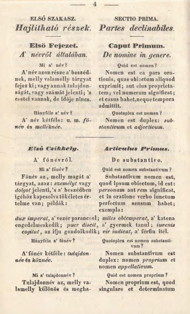 4 ELSŐ SZAKASZ. H ajlítható részek. SECTIO PRIMA. Partes declinabiles. Első Fejezet. A névről általában. Mi a név?