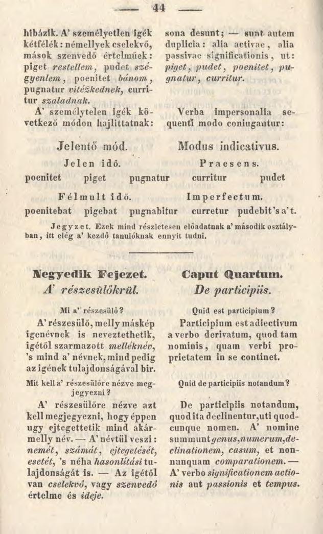 44 hibázik. A személyeden igék kétfélék: némellyek cselekvő, mások szenvedő értelműek: piget restelleni, pudet szegy erilem, poenitet bánom, pugnatur vitézkednek, curritur szaladnak.