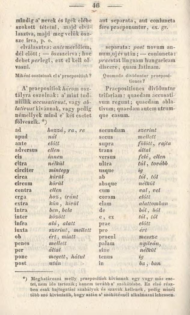 46 mindig a nevek és igék elébe szokott tétetni, majd elválasztva, majd meg velük öszsze írva, p. o. elválasztva: ante meridiem, dél előtt; öszszeirva; hoc debet p e r le p, ezt elkeli olvasni.
