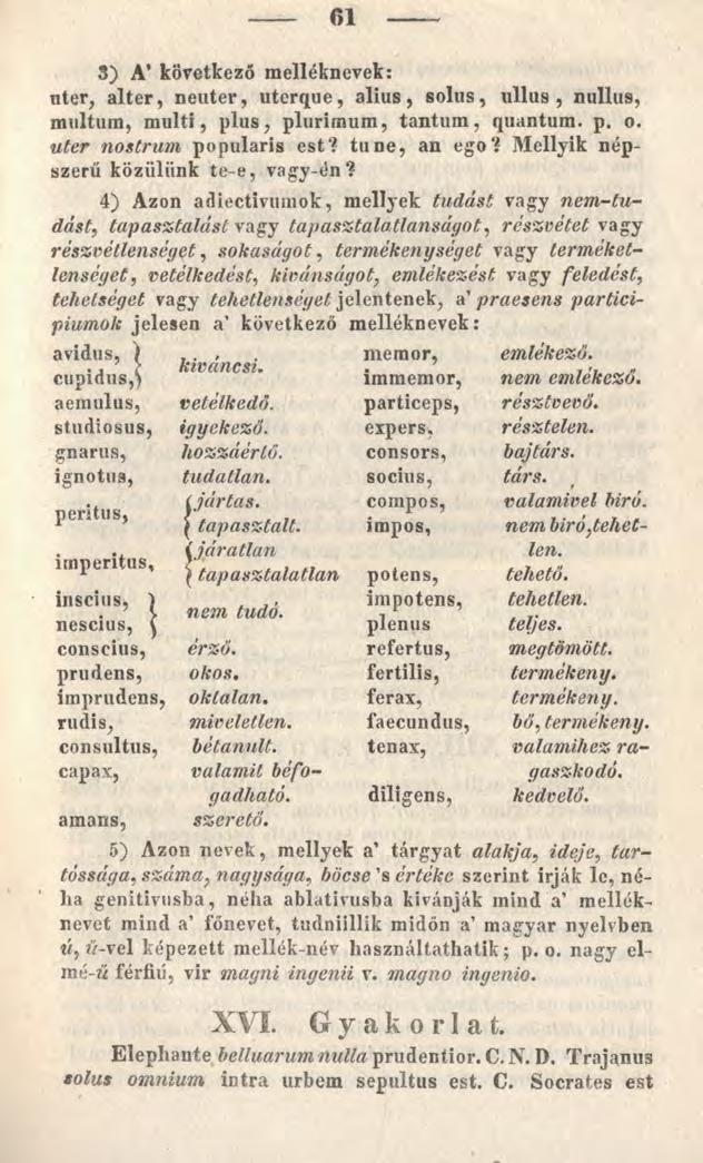 61 3) A következő melléknevek: uter, alter, neuter, uterque, alius, solus, ullus, nullu9, multum, multi, plus, plurimum, tantum, quantum, p. o. uter nostrum popularis est? tu ne, an ego?