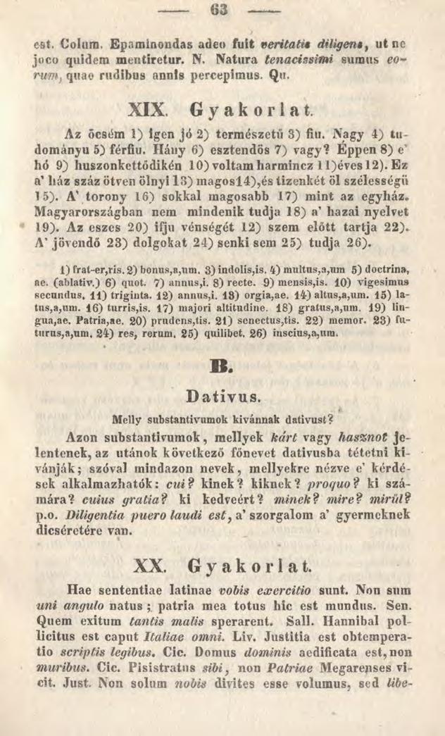 63 est. Colum. Epaminondas adeo fuit veritati* diligent} ut ne joco quidem mentiretur. N. Natura tenacissimi sumus eornm} quae rudibus annis percepimus. Qu. XIX. Gyakorlat.