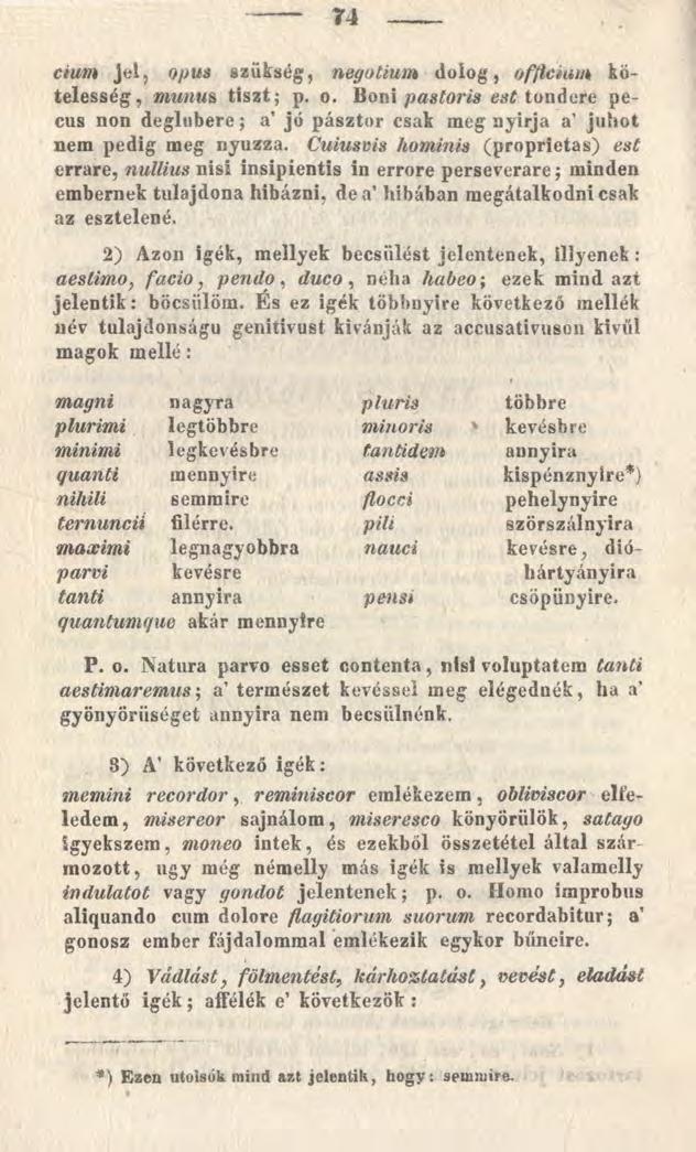 74 cium jel, opus szükség, negotium dolog, officium kötelesség, murim tiszt; p. o. Boni pastoris est tondere pecus non deglubere; a jó pásztor csak meg nyírja a juhot nem pedig meg nyúzza.