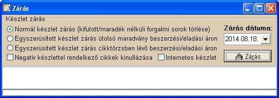 5.10.6.3. Készletzárás / nyitás Készlet adatok zárása. Raktár + termékenként a forgalmi sorok összesítése, törlése, majd egyetlen új nyitó soron való rögzítése.