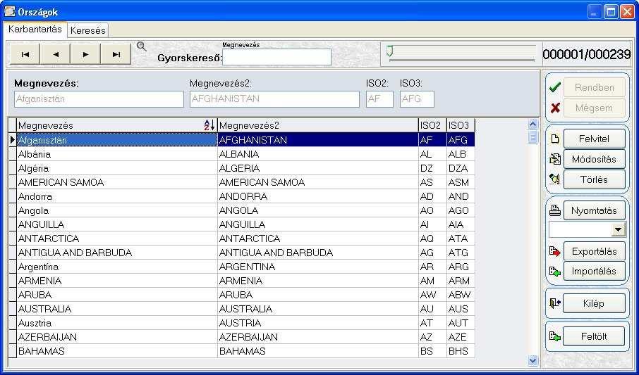 Mezık: Megnevezés: ország rövid megnevezése Megnevezés2: ország teljes neve ISO2: két karakteres ország kód ISO3: három