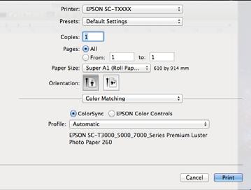 kiválasztásra és megjelenítésre kerül a Printer Profile Description (Nyomtatóprofil-leírás) mezőben. C Válassza a Color Matching (Színillesztés) elemet, majd kattintson a ColorSync lehetőségre.