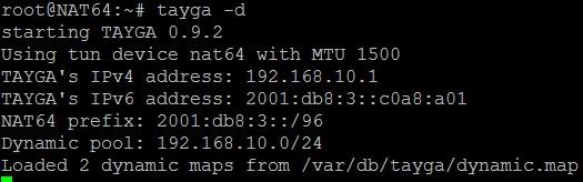 8. ábra: A program kimenete Ezután ha egy csomag érkezik a szerver IPv6 interfészére, amelynek cél címe 2001:db8:3::/96 prefixű, akkor a kernel a csomagot a nat64 TUN eszközre továbbítja, majd a