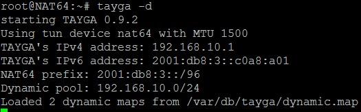 8. ábra: A program kimenete Ezután ha egy csomag érkezik a szerver IPv6 interfészére, amelynek cél címe 2001:db8:3::/96 prefixű, akkor a kernel a csomagot a nat64 TUN eszközre továbbítja, majd a