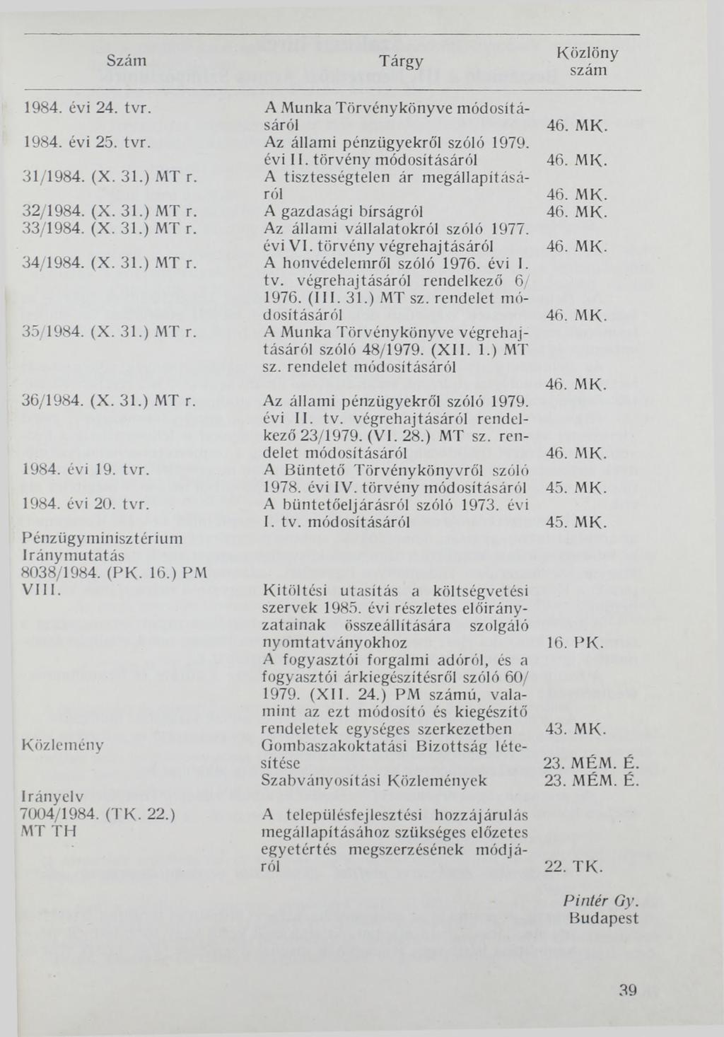 Szám Tárgy Közlöny szám 1984. évi 24. tvr. 1984. évi 25. tvr. 31/1984. (X. 31.) MT r. 32/1984. (X. 31.) MT r. 33/1984. (X. 31.) MT r. 34/1984. (X. 31.) MT r. 35/1984. (X. 31.) MT r. 36/1984. (X. 31.) MT r. 1984. évi 19.