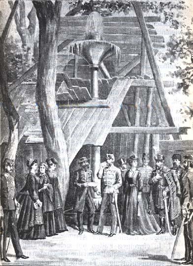 89. kép Ferenc József látogatása a felfedezett gyógyforrásnál 1868. május 13-án. Cursalon 1869. Nr.15, közli: Szent Margitszigeti Emlék. Souvenir von der Sct-Margaretheninsel.