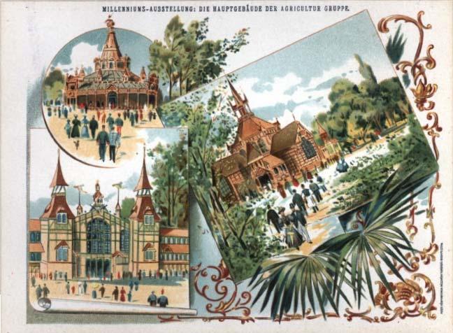 kép 110. A Történelmi főcsoport, előtérben a halászkunyhóval, 1896. FSzEK Budapest Gyűjtemény Az 1896-os kiállítás Történelmi főcsoportja (ld. 110. kép) 1355 román, gót és reneszánsz csoportból, vadászati és halászati emeletes csarnokból állt.