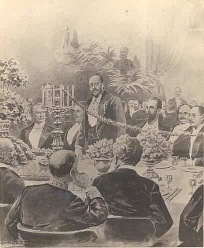 124. kép - Széll Kálmán miniszterelnök beszédet mond a Park Clubban rendezett lakomán, 1910-es évek (Goró Lajos rajza) FSzEK Budapest Gyűjtemény A fővárosi parkokhoz kötődő egyletek és klub