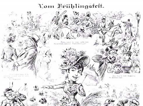 13. kép - A tavaszünnep a Praterben (karikatúra) Der Floh 1887. VI. 05. 8. old.