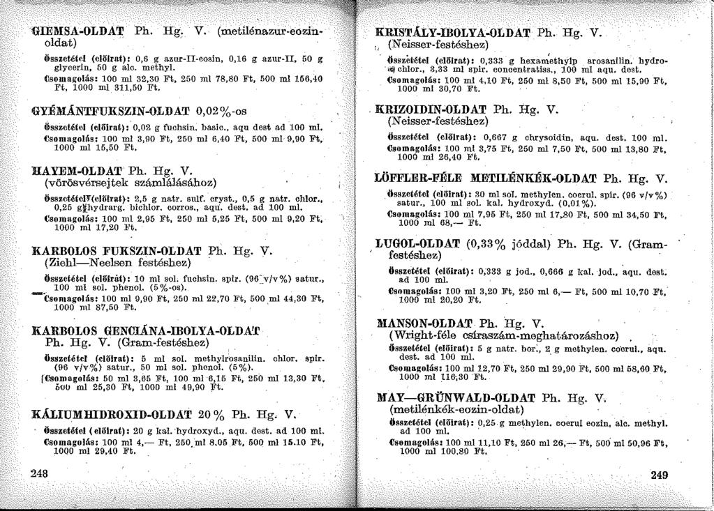 GffiMSA-OLDAT Ph. Hg, V. (metilénazur-eozinoldat) Összetétel (chhrat): 0,6 g a.zur-ii-eosin, 0,16 g azur-ii, 50 g glycerin, 60 g alc. methyl.