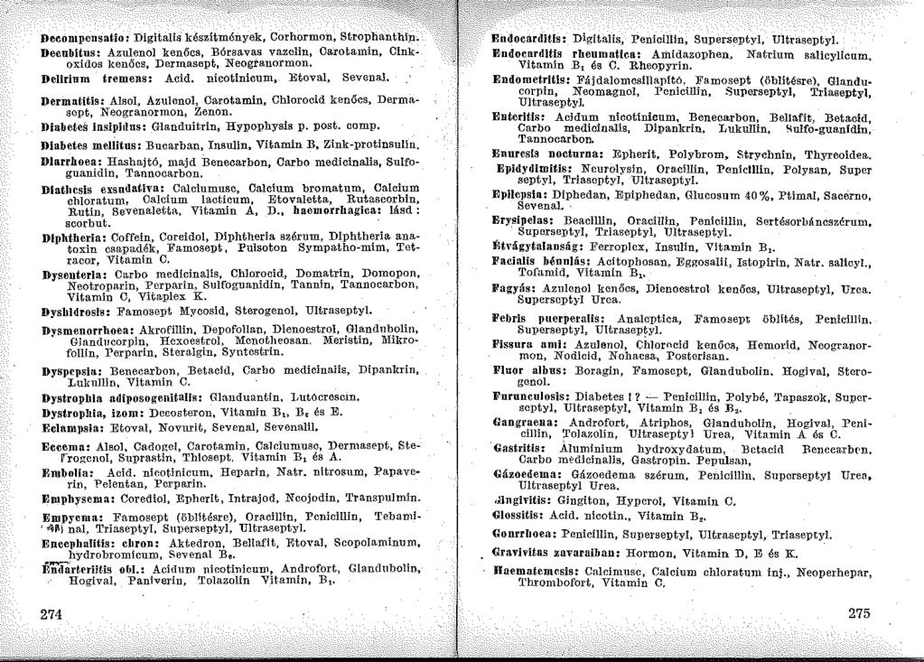 Decompcnsatio: Digitalis készítm6nyek, Corhormon, Strophanthip.. Deenbitus: Azulenol kenőcs, Bórsavas vazelin, Oarotamin, Cink oxidos }{enőcs, Dermasept, Neogranormon, Delirium tremens: Acid.