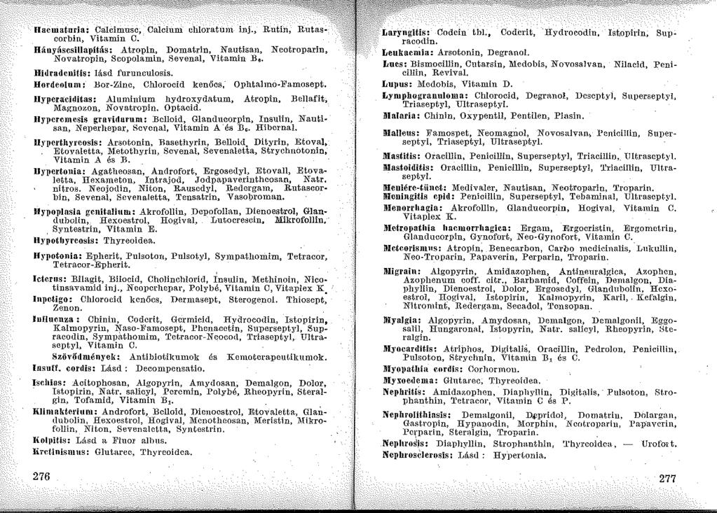 llacmaturia: Calcimusc, Calcium chioratum inj., Rutin, Rutascorbin, Vitamin C. Hányásesillapitás: Atropin, Domatrin, Nautisan, Ncotroparin, Novatropiu, Scopolamin, Sevenal, Vitamin.