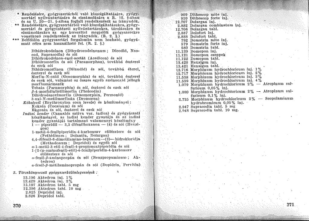 Dihidrokodeinon (Dihydrocodeinonum ; Dicodid, Neoeocl, Supracoclin) és sói Dihidrokodcinon-enol-acetát (Acedieon) és súl Dihhlromorfin és súi (Paramorphan), továbbá észterei út ezek sói