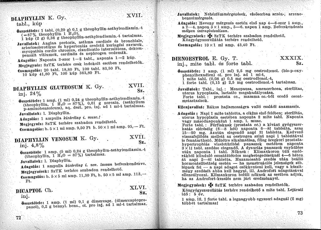 DIAPHYLLIN K. Gy., tabl., ~úp XVII. összetétele: 1 tabi. (0,20 g) 0,1. g theophyllin-aethylcndiamina (=87% theophylliil l IT,O),.. 1 kúp (2 g) 0,36 g theophyllin-aethylcndiamm.-t tartal~az.