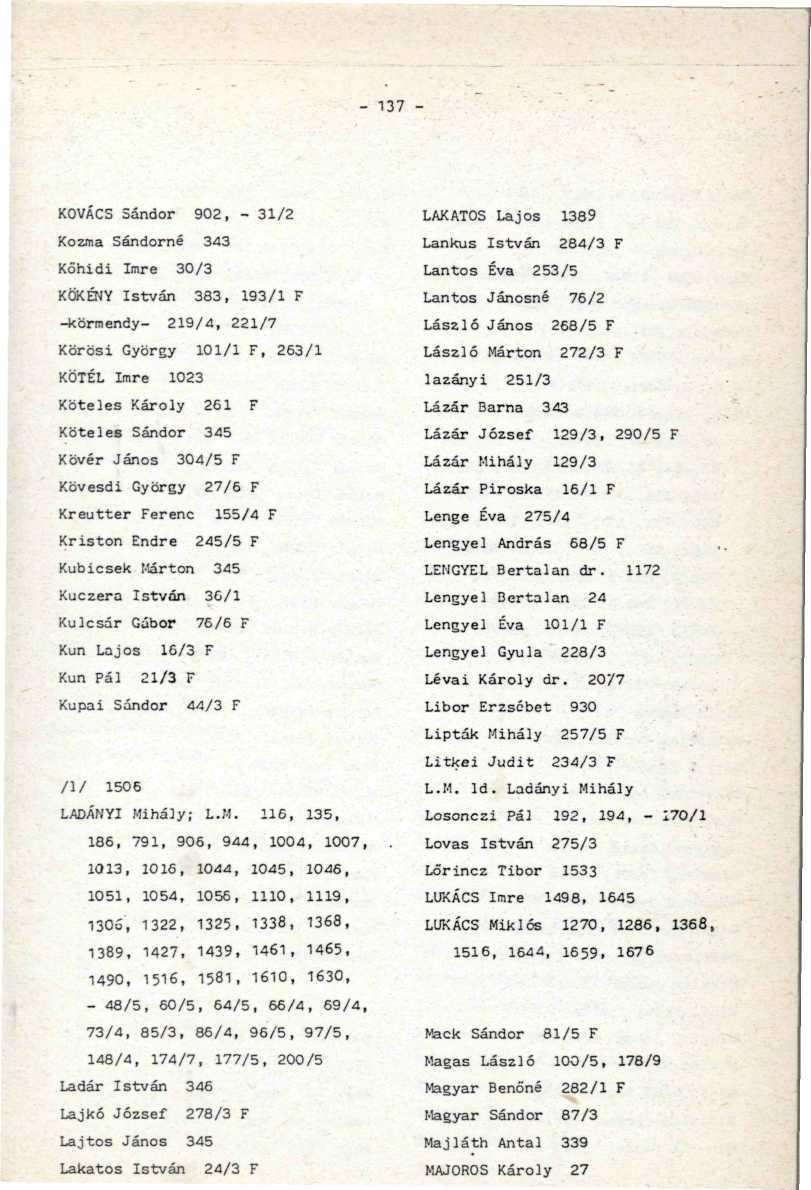 - 137 - KOVÁCS Sándor 902, - 31/2 Kozma Sándorné 343 Kőhidi Imre 30/3 KÖKÉNY István 333, 193/1 F -körmendy- 219/4, 221/7 Körösi György 101/1 F, 263/1 KÖTÉL Imre 1023 Köteles Károly 261 F Köteles