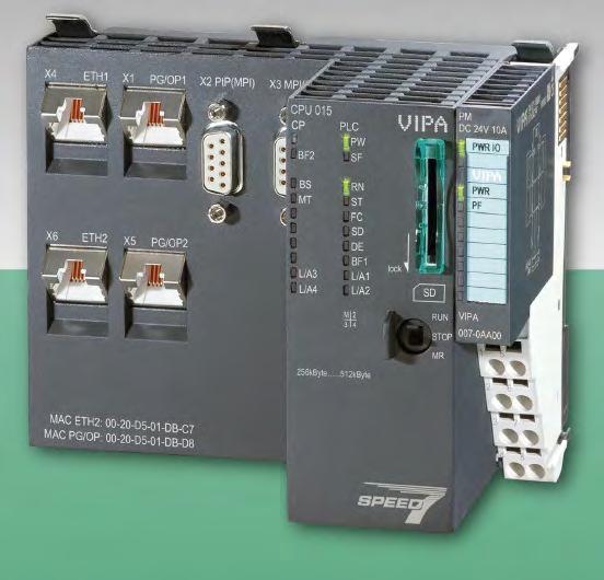 master/-slave vagy MPI (átállítható), 445,- opcionálisan PROFIBUS-DP master/slave, összeépíthető 64 SLIO modullal soronként.