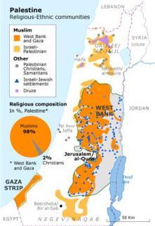 szárazföldi területe 6217 km2: Nyugati Part (Ciszjordánia, 5853 km2), Gázaiövezet ( 364 km2) tengerpart: 40 km határai: Izrael: 307 km; Jordánia: 97 km Egyiptom: 12km Etnikai és vallási sokféleség