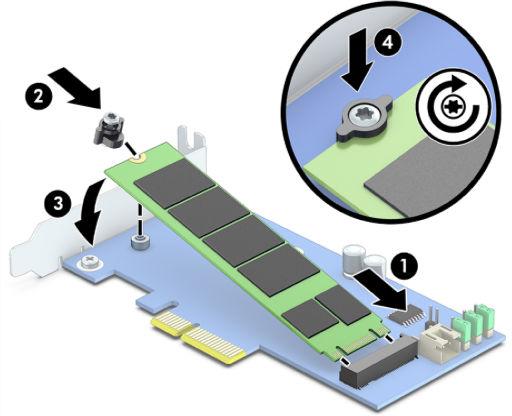 4. Forgassa a modult lefelé (2), majd helyezze be a csavart (3). M.2 csatlakozó nélküli típusok Helyezze a modult egy PCIe hordozókártyába, majd illessze a hordozókártyát az x4 bővítőhely nyílásába.