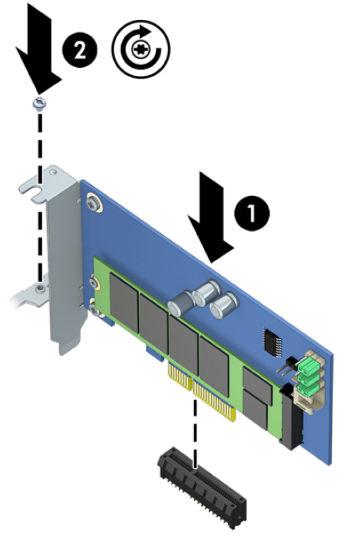 2. Helyezze be a PCIe hordozókártyát a számítógép bővítőhelyébe (1), majd