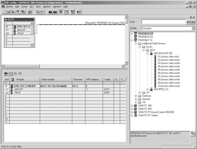 Tervezés, üzembe helyezés A master (PROFINET IO kontroller) tervezése 5 A DFE12B PROFINET IO kapcsolásának tervezése Indítsa el a STEP7 HWCONFIG programot és válassza ki a PN IO csatlakozóhelyet a