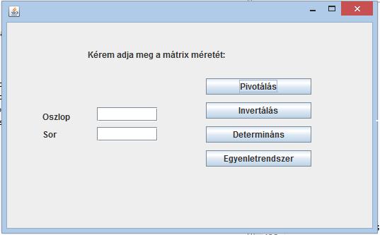 Program használata: A program indításakor egy kezd oldalt láthatunk ahol megadhatjuk, az OSZLOP szöveg után a mátrix oszlopainak számát és a SOR szöveg után a mátrix sorainak számát.