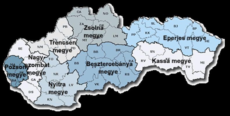 Térkép: A Szlovák Köztársaság 8 megyés önkormányzati beosztása, a Szlovák Köztársaság Nemzeti Tanácsa határozata