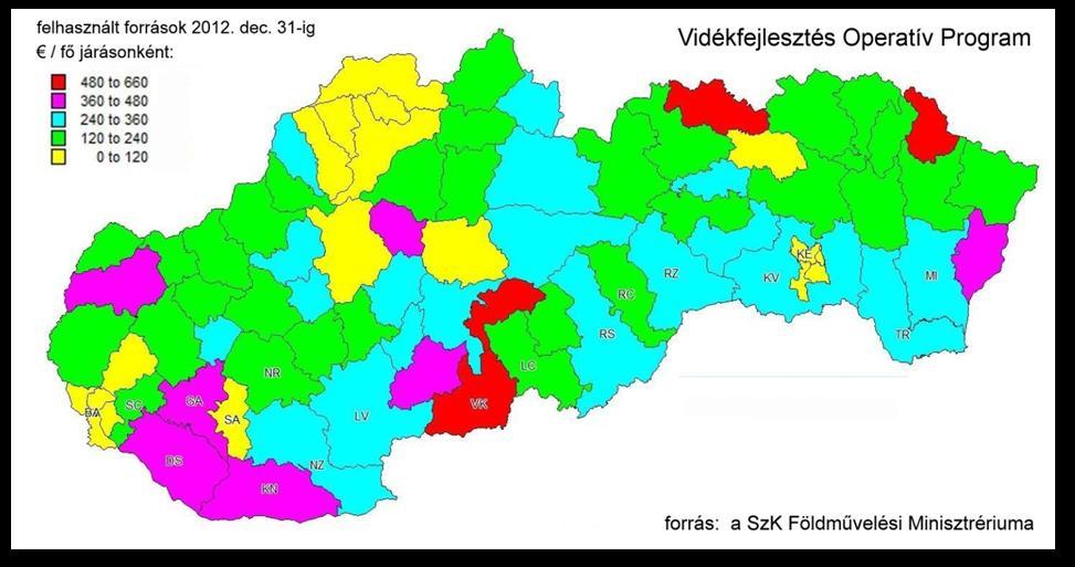 Térkép: Vidékfejlesztési Operatív Program forrásainak felhasználása EUR/fő Forrás: Szlovákia Földművelésügyi Minisztériuma, Őry Péter, Pro Civis PT A Környezetvédelmi Operatív Program, a