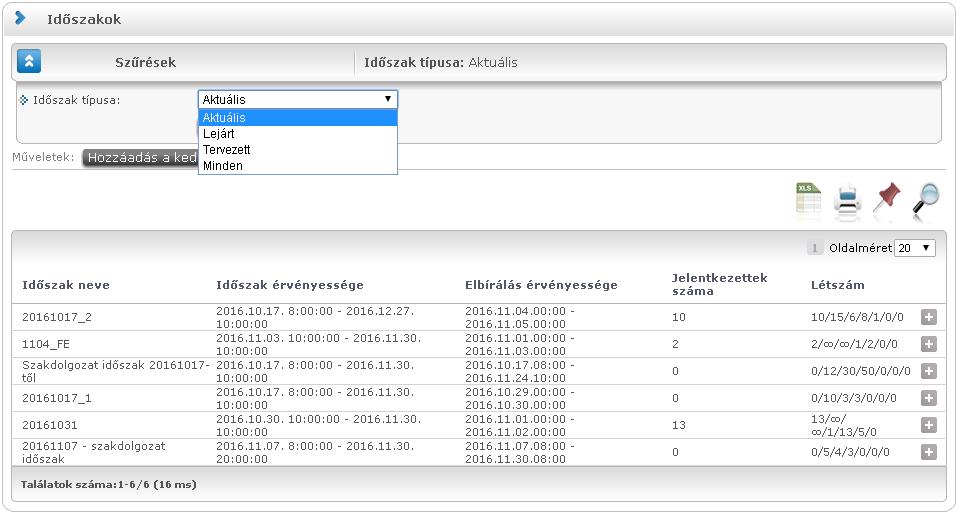 2.2. Szakdolgozat időszakok kezelése Oktatói webes felületen Oktatói webes felületen a Szakdolgozat/Időszakok menüponton azok a szakdolgozat időszakok jelennek meg, amelyekhez az oktató hozzá van