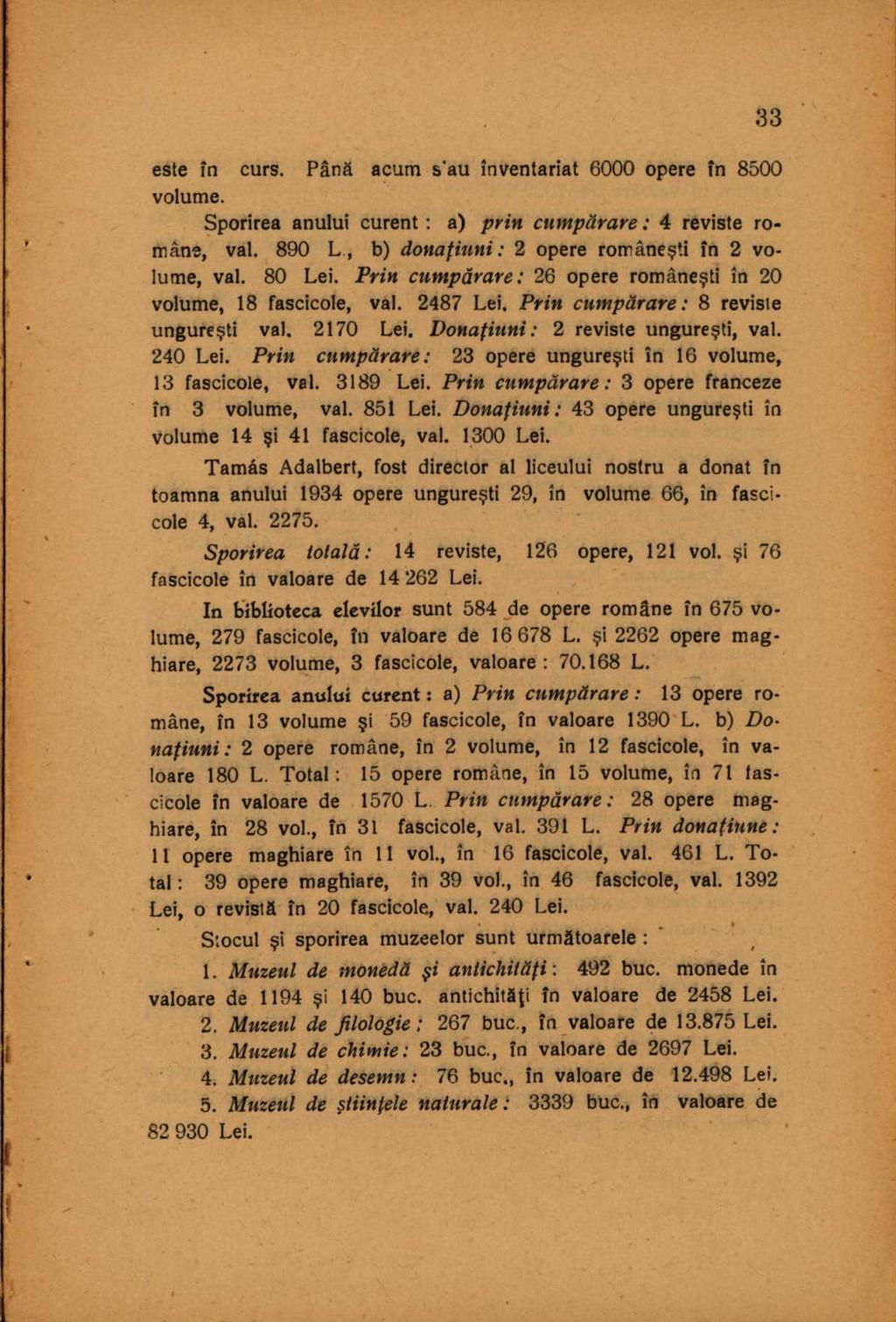 este în curs. Până acum s'au inventariat 6000 opere în 8500 volume. Sporirea anului curent : a) prin cumpărare: 4 reviste române, val. 890 L, b) donaţiuni: 2 opere româneşti în 2 volume, val. 80 Lei.