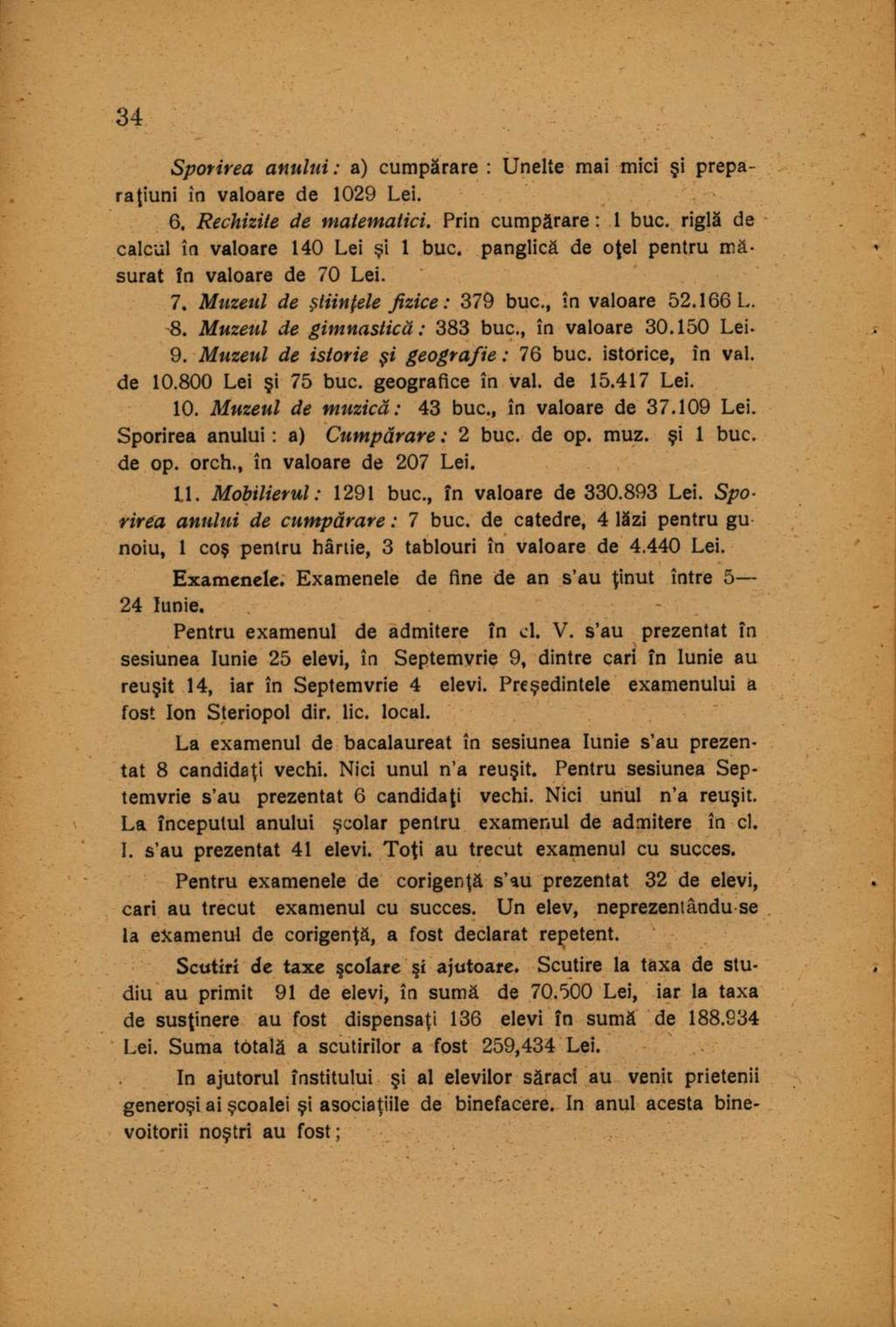 Sporirea anului: a) cumpărare : Unelte mai mici şi preparatiuni în valoare de 1029 Lei. 6. Rechizite de matematici. Prin cumpărare: 1 buc. riglă de calcul în valoare 140 Lei şi 1 buc.