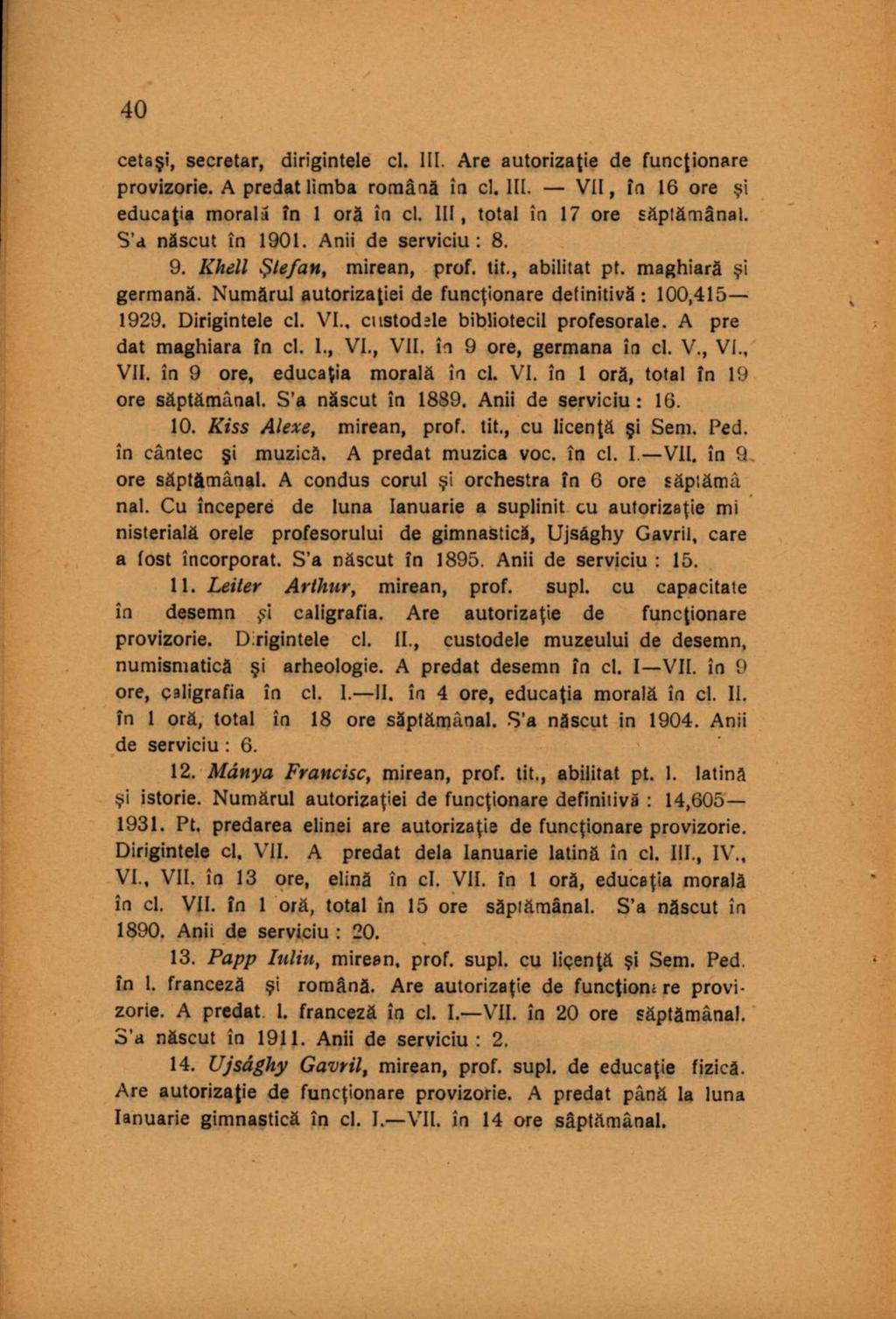 cetaşi, secretar, dirigintele cl. III. Are autorizaţie de funcţionare provizorie. A predat limba română în cl. III. VII, în 16 ore şi educaţia morală în 1 oră în cl. III, total în 17 ore săptămânal.
