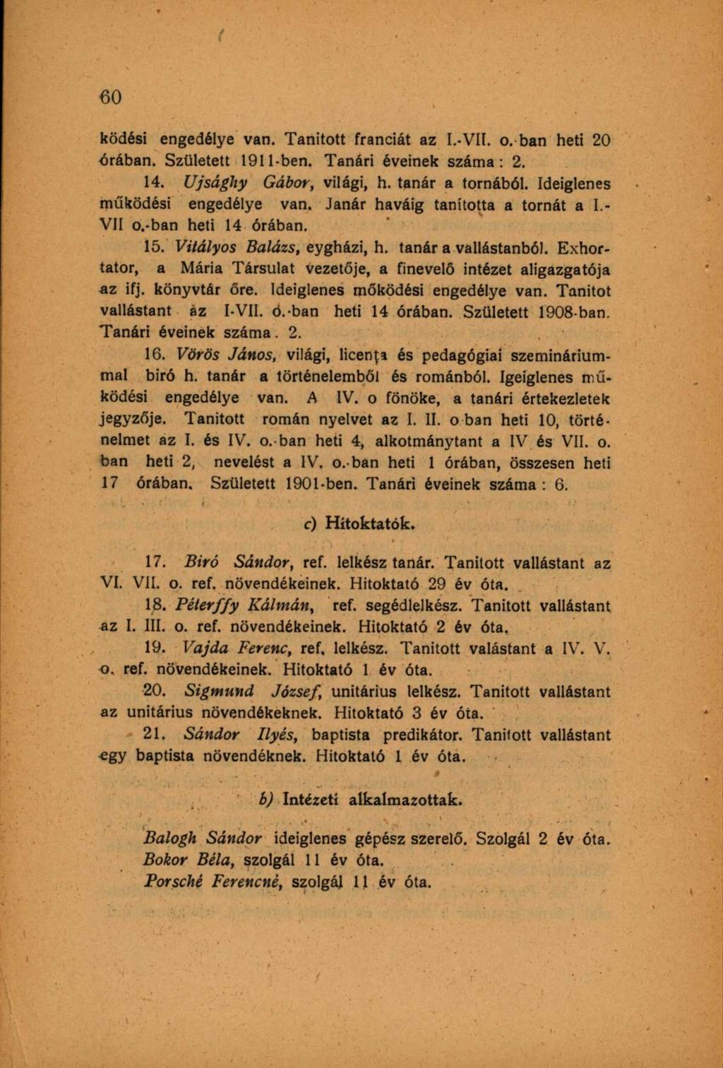 ködési engedélye van. Tanított franciát az I.-VI1. o. ban heti 20 órában. Született 1911-ben. Tanári éveinek száma: 2. 14. Ujsághy Gábor, világi, h. tanár a tornából.