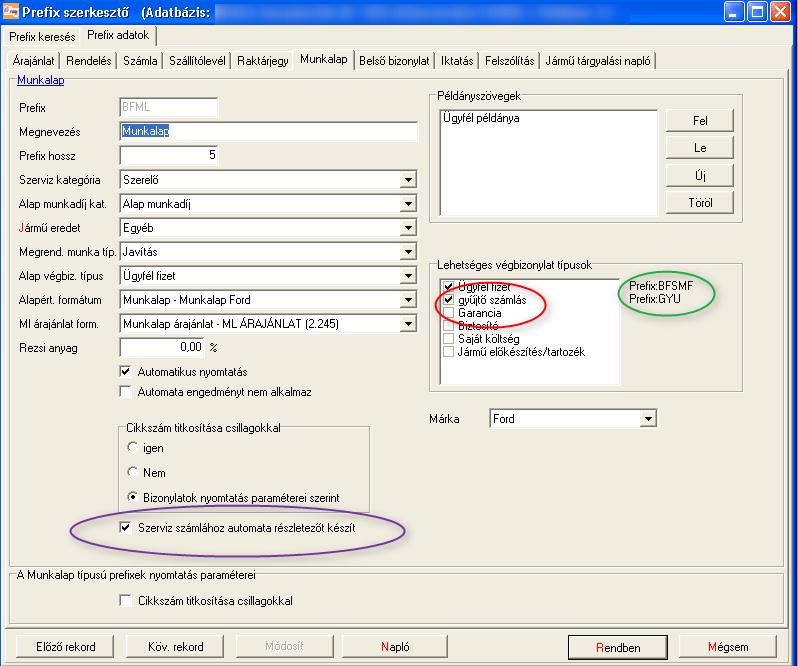 2. Minden beállítani kívánt munkalap prefix esetében végezzük el az alábbi lépéseket: Kapcsoljuk be a Szerviz számlához automata részletezőt készít kapcsolót. (lila 2.
