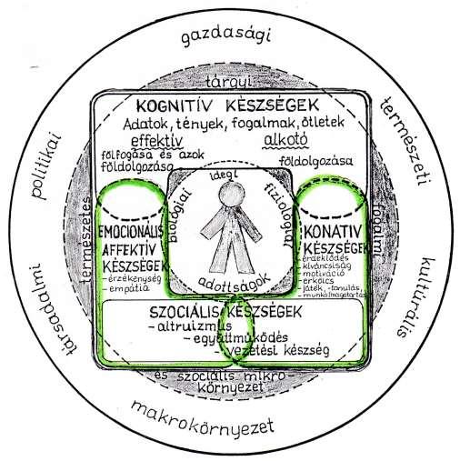 Az alábbi ábra készségmezőkre bontva szemlélteti ugyanezt az alapgondolatot (Pécsi 2002.) A személyiség legbelsőbb körét a biológiai-fizikai-idegi adottságok alkotják.