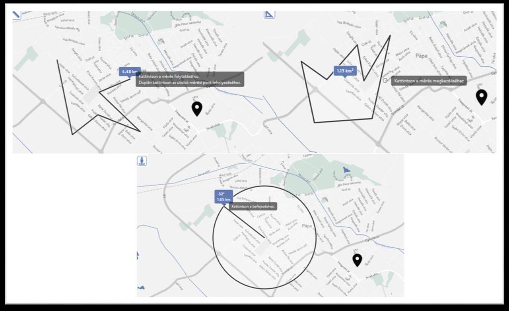 3.5. Mérések A mérési eszközök segítségével hosszt, területet valamint szöget és sugarat mérhet a térképen. A mérés a kívánt ikonra kattintás után megkezdhető. Közműtérkép mérési lehetőségek 3.6.