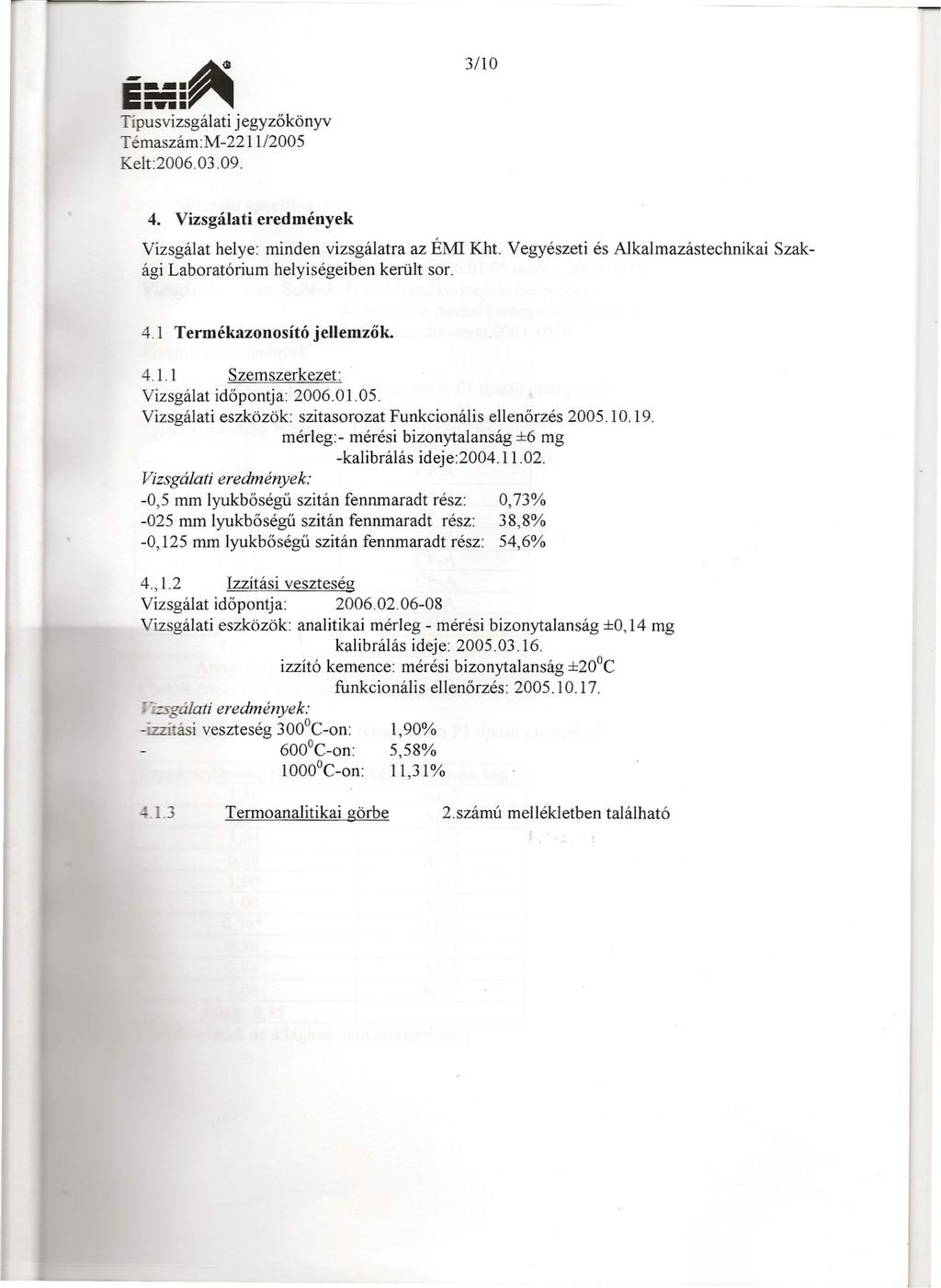 --_. ~ Típusvizsgálati jegyzőkönyv Témaszám:M-221112005 Kelt:2006. 03.09. 3110 4. Vizsgálati eredmények Szak- Vizsgálat helye: minden vizsgálatra az ÉMI Kht.