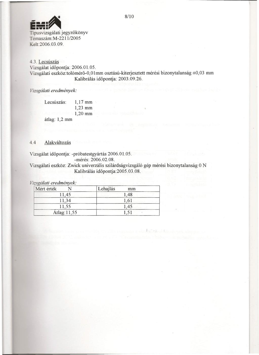 --_. ~ Tipusvizsgálati jegyzőkönyv _. maszám:m-22 1112005 r-elt:2006. 03.09. 8/10.3. Lecsúszás izsgálat időpont ja: 2006.01.05. izsgálati eszköz:tolómérő-o, O1mm osztású-kiterjesztett mérési bizonytalanság ±0,03 mm Kalibrálás időpont ja: 2003.
