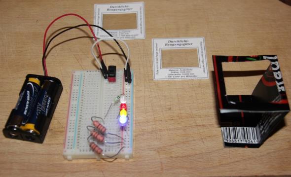 Fényforrásként használjuk a mobiltelefon vakuját, illetve az előre összerakott elektronikai elrendezést (LED-sor: piros, zöld, kék és fehér LED, 51, illetve 100 Ω-os ellenállások, 3 V