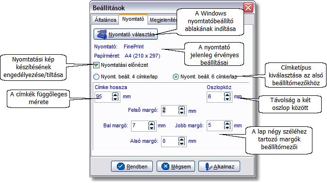 2.6.2 A nyomtatásra vonatkozó beállítások - Nyomtató fül Az ablak felso részén információkat láthat a nyomtató aktuális beállításairól, vagy módosíthatja is azokat a Nyomtatóbeállítás gombra