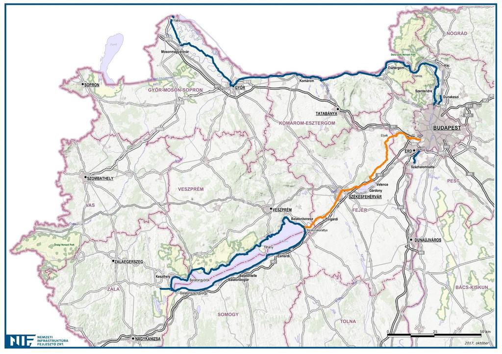Magyarországi kerékpáros törzsúthálózat szakaszainak fejlesztése Budapest Balaton térkép Budapest Balaton úthálózat elemeinek fejlesztése Budapest Etyek Tordas A szakaszok hossza: 38,0 km, Becsült