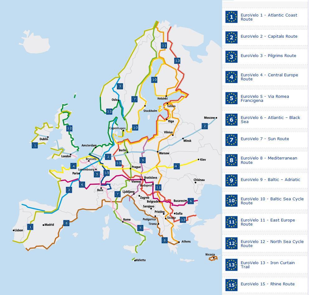 A kerékpárút fejlesztési feladatokról általánosságban Az EuroVelo, az Európai Kerékpárút Hálózat az Európai Kerékpáros Szövetség terve 15 hosszútávú, egész Európát átszelő kerékpárút kialakítására.